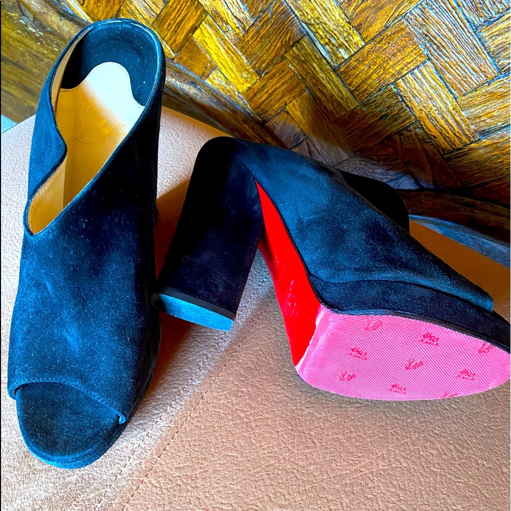 Louboutins Black block suede heels with platform.